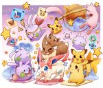  &gt;_&lt; azuma_minatsu blue_eyes blush commentary_request eevee espeon gen_1_pokemon gen_2_pokemon gen_3_pokemon gen_6_pokemon goomy greninja headband mew motion_lines mudkip mythical_pokemon open_mouth paws pikachu pokemon pokemon_(creature) smile star_(symbol) sylveon tearing_up tongue umbreon 