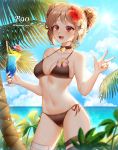  1girl :d absurdres bare_arms bare_shoulders bikini black_bikini breasts brown_hair character_name cleavage commentary_request cup day double_bun drinking_glass flower girls_frontline hair_flower hair_ornament hands_up highres holding holding_cup horizon looking_at_viewer medium_breasts menna_(0012) nail_polish navel ocean open_mouth outdoors p90_(girls_frontline) palm_tree red_eyes red_flower red_nails side-tie_bikini smile solo standing swimsuit thigh_strap tree tropical_drink twitter_username w water white_flower 