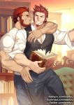  2boys alternate_costume arm_around_shoulder bara beard black_vest book bookshelf brown_hair chest collarbone collared_shirt couch couple face-to-face facial_hair fate/grand_order fate/zero fate_(series) feet_out_of_frame formal goatee grin holding holding_book hug hug_from_behind iskandar_(fate) kienbiu leg_up library looking_at_another male_focus multiple_boys muscle napoleon_bonaparte_(fate/grand_order) open_clothes open_shirt pants raised_eyebrow red_eyes red_hair shirt short_hair sideburns sleeves_rolled_up smile t-shirt thick_thighs thighs tight tight_pants vest white_shirt 