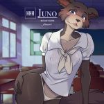  1:1 2020 anthro beastars blep breasts brown_body brown_fur canid canine canis classroom cleavage clothed clothing female front_view fur half-length_portrait hand_on_hip hi_res hornyheftyhog inside juno_(beastars) looking_at_viewer mammal nipple_outline panties portrait school shirt solo tongue tongue_out topwear underwear white_clothing white_panties white_shirt white_topwear wide_hips wolf 