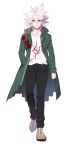  1boy absurdres bangs black_pants brown_footwear chain collarbone danganronpa full_body green_jacket hair_between_eyes hand_in_pocket highres hood hooded_jacket jacket komaeda_nagito looking_at_viewer male_focus messy_hair moona_59 open_clothes open_jacket pants print_shirt shirt shoes skull_ornament smile solo super_danganronpa_2 torn_jacket white_hair white_shirt 