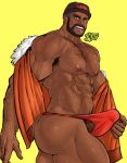  1boy armpit_hair ass bara bare_chest bare_shoulders beard black_headwear blush briefs chest chest_hair coat commentary erection erection_under_clothes expedition_uniform facial_hair feet_out_of_frame fur-trimmed_coat fur_trim green_eyes hairy highres jaderarts leg_hair male_focus male_pubic_hair mustache navel navel_hair nipples open_clothes open_coat orange_coat penis penis_peek peony_(pokemon) pokemon pokemon_(game) pokemon_swsh pubic_hair red_briefs smile solo thick_thighs thighs underwear undressing veins 