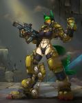  anthro armor breasts brown_body brown_fur canid canine canis clothed clothing detailed_background domestic_dog female fur genitals green_eyes green_hair gun hair hi_res holding_object holding_weapon link2004 mammal multicolored_body multicolored_fur muscular muscular_anthro muscular_female partially_clothed pussy ranged_weapon rifle smile solo two_tone_body two_tone_fur weapon 