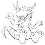  3_fingers ambiguous_gender black_and_white digimon digimon_(species) fingers greymon horn monochrome open_mouth sharp_teeth simple_background sketch solo striped_body stripes teeth teeth_showing white_background 