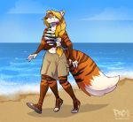  3_legs 4_arms anthro beach blonde_hair blue_eyes canid canine clothing ear_piercing eyewear felid female footwear fox glasses hair hybrid industrial_piercing mammal may_abbagail multi_arm multi_limb multifur pac pantherine piercing sandals seaside solo tiger 