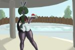  3:2 anthro big_butt bunny_ears_(cosmetic) butt female fence flat_chested fozuna garden gardevoir green_hair hair humanoid looking_at_viewer nintendo open_mouth pillar pok&eacute;ball pok&eacute;mon pok&eacute;mon_(species) pool_(disambiguation) red_eyes reflection reverse_bunny_costume rubber solo tree video_games water white_body white_skin 