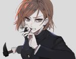  1girl brown_hair ebanoniwa grey_background hammer holding holding_weapon jacket jujutsu_kaisen kugisaki_nobara long_sleeves mouth_hold nail school_uniform short_hair simple_background solo weapon 