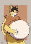  anthro belly big_belly clothed clothing cougar curvy_figure domestic_cat felid feline felis hi_res male male_pregnancy mammal navel pregnant solo standing voluptuous yiko_(artist) 