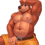 1:1 2020 abe.a anthro areola banjo-kazooie banjo_(banjo-kazooie) barazoku belt biceps black_nose blue_eyes bottomwear brown_body brown_eyebrows brown_fur brown_hair clothed clothing eyebrows freckles fur hair half-closed_eyes hand_on_head hi_res jewelry looking_at_viewer male mammal manly musclegut muscular muscular_anthro muscular_male narrowed_eyes navel necklace nipples pecs pose raised_arm rareware short_hair shorts simple_background sitting smile solo tan_body tan_nipples tan_skin thick_thighs topless triceps ursid video_games white_background 