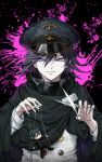  1boy bangs black_cape black_hair black_headwear cape character_doll checkered closed_mouth danganronpa doll double-breasted hair_between_eyes hat highres holding holding_doll holding_scissors jacket long_sleeves looking_at_viewer male_focus moona_59 new_danganronpa_v3 ouma_kokichi peaked_cap pink_eyes puppet_strings purple_eyes purple_hair saihara_shuuichi scarf scissors short_hair smile solo straitjacket upper_body white_jacket 