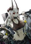  1girl absurdres arknights bangs bare_shoulders breasts cleavage commentary eyebrows_visible_through_hair hammer highres holding holding_hammer holding_weapon horns large_breasts long_hair looking_at_viewer midriff mudrock_(arknights) navel off_shoulder oripathy_lesion_(arknights) pointy_ears red_eyes silver_hair solo sports_bra stomach vyragami weapon 