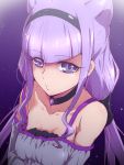  1girl bangs black_choker black_hairband breasts choker cleavage clothing_cutout collarbone double_bun eyebrows_visible_through_hair floating_hair grey_shirt hairband hugtto!_precure long_hair looking_at_viewer low_twintails precure purple_background purple_eyes purple_hair ruru_amour shiny shiny_hair shiny_skin shirt shoulder_cutout sidelocks small_breasts solo spaghetti_strap tj-type1 twintails upper_body very_long_hair 