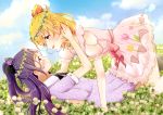  2girls :d asahina_mirai black_bow black_neckwear blonde_hair blue_sky bow clothing_cutout cloud collarbone day dress eye_contact field flower flower_field hair_bow hair_flower hair_ornament head_wreath high_ponytail izayoi_liko kononkono long_hair looking_at_another mahou_girls_precure! medium_hair multiple_girls one_side_up open_mouth outdoors pink_bow pink_dress precure purple_dress purple_eyes purple_hair red_bow shiny shiny_hair short_dress short_sleeves shoulder_cutout sky smile sundress very_long_hair white_flower yuri 