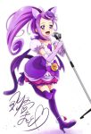  1girl :d animal_ears bangs boots bow cat_ears cat_tail chocokin choker collarbone cosplay cure_macaron cure_macaron_(cosplay) dokidoki!_precure elbow_gloves floating_hair full_body gloves high_heel_boots high_heels high_ponytail holding holding_microphone kenzaki_makoto kirakira_precure_a_la_mode layered_skirt leg_up long_hair microphone microphone_stand miniskirt open_mouth precure purple_bow purple_choker purple_eyes purple_footwear purple_hair purple_skirt shiny shiny_hair shirt short_sleeves simple_background skirt smile solo standing standing_on_one_leg swept_bangs tail thigh_boots thighhighs very_long_hair white_background white_gloves white_shirt zettai_ryouiki 
