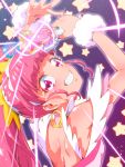  1girl arms_up backless_outfit bangs blunt_bangs breasts cure_star eyebrows_visible_through_hair grin hair_ornament head_tilt holding long_hair looking_at_viewer looking_back pink_hair precure red_eyes shiny shiny_hair shiny_skin shoulder_blades small_breasts smile solo star_(symbol) star_twinkle_precure tj-type1 twintails upper_body very_long_hair wrist_cuffs 