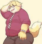  2020 anthro bottomwear canid canine canis clothing domestic_dog eyewear glasses hanji1st hi_res humanoid_hands kemono male mammal necktie overweight overweight_anthro overweight_male pants shirt simple_background solo topwear 