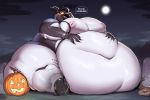  2020 alternate_species anthro avian beak belly big_belly bird blush clothing costume dialogue english_text full_moon halloween hand_on_stomach holidays horn huge_moobs hyper hyper_belly jack-o&#039;-lantern love_handles male moobs moon morbidly_obese morbidly_obese_anthro morbidly_obese_male navel night nipples obese obese_anthro obese_male outside overweight overweight_anthro overweight_male pan_(sxfpantera) penguin sitting solo suspenders sxfpantera text weight_gain 