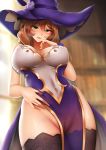  1girl bangs bare_shoulders blush breasts brown_hair cleavage covered_navel dress genshin_impact ginhaha green_eyes hat highres large_breasts lisa_(genshin_impact) long_hair looking_at_viewer mage multicolored multicolored_clothes multicolored_dress open_mouth pelvic_curtain pubic_hair smile thighhighs witch_hat 