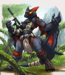  anthro anthrofied avian bandage beak bird black_body black_fur capcom claws clothed clothing detailed_background fangs finger_claws flying_wyvern fur hi_res link2004 male melee_weapon monster_hunter multicolored_body multicolored_fur nargacuga open_mouth partially_clothed red_body red_fur solo sword toe_claws tongue two_tone_body two_tone_fur video_games weapon wrapped_tail yellow_eyes 