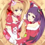  2girls :d bangs black_headwear blonde_hair bow bracelet breasts choker cleavage collarbone cure_magical cure_miracle dress elbow_gloves eyebrows_visible_through_hair fur-trimmed_dress fur_trim gloves hair_between_eyes hair_bow hairband hat heart holding_hands jewelry long_hair looking_at_viewer mahou_girls_precure! mini_hat multiple_girls naoto_(96neko96) off-shoulder_dress off_shoulder open_mouth pink_headwear precure purple_eyes purple_hair red_bow red_choker red_dress red_eyes red_hairband ruby_style shiny shiny_hair short_sleeves small_breasts smile twintails very_long_hair white_dress white_gloves witch_hat 