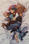  1boy barefoot black_hair buneary closed_eyes commentary_request from_above fur gen_4_pokemon hat highres holding holding_pokemon honnomusi323 lucas_(pokemon) luxio lying on_side pants pokemon pokemon_(creature) pokemon_(game) pokemon_dppt red_headwear riolu short_sleeves sleeping toes 