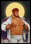  1boy abs absurdres alternate_costume bara bare_chest beard chest cowboy_shot facial_hair fate/grand_order fate/zero fate_(series) highres iskandar_(fate) jacket male_focus moon muscle navel nipples open_clothes open_jacket pants red_eyes red_hair short_hair smile solo thick_thighs thighs traver009 white_pants 