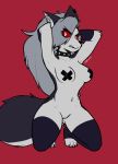  anthro black_body black_fur black_nose breasts canid canid_demon canine collar demon ear_piercing ear_ring female fur genitals grey_body grey_fur hellhound helluva_boss hi_res looking_at_viewer loona_(vivzmind) mammal navel nude piercing pussy red_background red_sclera regelianx simple_background solo spiked_collar spikes tape_censor 
