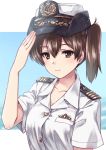  1girl bangs brown_eyes brown_hair closed_mouth commentary_request dress_shirt epaulettes female_service_cap hair_tie hat highres insignia japan_maritime_self-defense_force japan_self-defense_force kaga_(kantai_collection) kantai_collection kuroi_mimei long_hair looking_at_viewer military military_hat salute shirt short_sleeves side_ponytail solo upper_body white_headwear white_shirt 