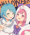  2girls :d angel_costume aqua_hair bang_dream! bangs blurry blush bow braid capelet cloak coldcat. collarbone commentary english_text eyebrows_visible_through_hair ghost_costume green_eyes hair_between_eyes hair_bow halloween halloween_costume halo highres hikawa_hina hood hood_up hooded_cloak long_hair long_sleeves looking_at_viewer lower_teeth maruyama_aya multiple_girls open_mouth pink_eyes pink_hair ribbon self_shot short_hair side_braids sidelocks smile upper_body v white_capelet white_cloak white_robe 