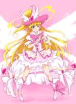  1girl ;) blonde_hair boots bow chocokin closed_mouth cure_miracle dated dress earrings eyebrows_visible_through_hair full_body hat hat_ornament heart heart_hands heart_hat_ornament jewelry knee_boots layered_dress long_hair looking_at_viewer mahou_girls_precure! one_eye_closed pink_background pink_bow pink_footwear pink_headwear precure purple_eyes short_dress side_ponytail smile solo sparkle standing star_(symbol) star_hat_ornament very_long_hair white_dress witch_hat 