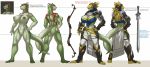  anthro argonian armor bethesda_softworks bow_(weapon) breasts butt clothed clothing english_text female genitals green_body headgear helmet hi_res horn link2004 melee_weapon model_sheet multicolored_body painting partially_clothed pussy ranged_weapon red_eyes scalie simple_background smile solo sword text the_elder_scrolls two_tone_body video_games weapon white_background xan-valeek_(kiala_tiagra) 