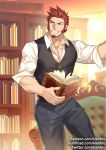  1boy alternate_costume bara black_vest book bookshelf brown_hair chest collarbone collared_shirt couch facial_hair fate/grand_order fate_(series) formal goatee grin holding holding_book leg_up library male_focus muscle napoleon_bonaparte_(fate/grand_order) open_clothes open_shirt pants raised_eyebrow shirt short_hair sideburns sleeves_rolled_up smile solo tight tight_pants vest white_shirt 