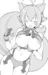  1girl animal_ear_fluff animal_ears antenna_hair arm_under_breasts blazblue blush breasts breasts_outside cameltoe closed_eyes cowboy_shot eyebrows_visible_through_hair fang fingerless_gloves gloves greyscale henyaan_(oreizm) highleg highleg_panties highres large_breasts legs_together makoto_nanaya monochrome navel nipple_slip nipples open_mouth panties revealing_clothes short_hair solo squirrel_ears squirrel_girl squirrel_tail tail thigh_gap underwear 