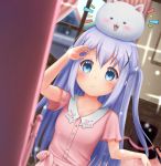  1girl :3 =_= angora_rabbit animal_on_head arms_up blue_eyes blue_hair blurry blurry_background blush bunny bunny_on_head collarbone commentary_request dress dutch_angle eyebrows_visible_through_hair fireplace gochuumon_wa_usagi_desu_ka? hair_ornament hand_in_hair highres indoors kafuu_chino light_smile long_hair looking_at_viewer luke_(kyeftss) mirror on_head picture_frame pink_dress sash short_sleeves solo sparkle standing tippy_(gochiusa) two_side_up upper_body very_long_hair window x_hair_ornament 