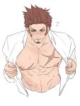  1boy abs alternate_costume bara bare_chest blue_eyes blush brown_hair casual chest chest_scar cropped_torso enomoto_(guroria009) facial_hair fate/grand_order fate_(series) goatee male_focus muscle napoleon_bonaparte_(fate/grand_order) navel nipples open_clothes open_shirt scar shirt short_hair sideburns solo undressing wet white_background white_shirt 