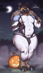  2020 alternate_species anthro avian bag beak bird bulge clothing cloud costume dialogue full_moon girly graveyard halloween holidays horn jack-o&#039;-lantern looking_at_viewer male moon navel night nipples outside pan_(sxfpantera) penguin sky solo standing suspenders sxfpantera thick_thighs thong tombstone trick_or_treat underwear wide_hips 
