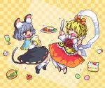 2girls :d ^_^ animal_ear_fluff animal_ears animal_print apple beer_mug black_hair black_skirt blonde_hair blue_capelet cake cake_slice capelet checkered checkered_background chibi closed_eyes commentary cup fangs food fork fruit grey_hair hair_ornament hamburger holding holding_fork holding_knife knife kumamoto_(bbtonhk2) lowres macaron mouse_ears mouse_girl mouse_tail mug multicolored_hair multiple_girls nazrin open_mouth pixel_art red_eyes shawl short_hair simple_background skirt smile streaked_hair tail tiger_print toramaru_shou touhou two-tone_hair yellow_background 