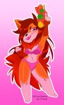  2020 absurd_res anthro big_head bikini blush canid canine chibi clothing digital_drawing_(artwork) digital_media_(artwork) female fox fur gradient_background hair hi_res long_hair looking_at_viewer mammal multicolored_body multicolored_fur orange_body orange_fur pink_background pink_eyes pink_tongue raised_arm red_hair simple_background snaggle_tooth solo swimwear thick_tail tongue tvmob water_gun white_body white_fur zerena 