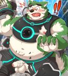  ! 2020 anthro balls belly blush bottomwear canid canine canis clothing domestic_dog fur gapao genitals green_body green_fur hi_res humanoid_hands kemono live-a-hero male mammal mokdai moobs nipples overweight overweight_anthro overweight_male pants penis solo video_games 