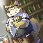  1:1 2020 anthro canid canine canis clothing detailed_background domestic_dog hi_res inside kemono live-a-hero male mammal procy sakusan_kc scar shirt slightly_chubby solo topwear video_games visor 