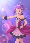  1girl :d arm_strap bangs black_choker bow breasts chocokin choker cleavage collarbone dokidoki!_precure dress floating_hair hair_ornament hairband hand_on_hip headset heart heart_hair_ornament idol index_finger_raised kenzaki_makoto lens_flare microphone open_mouth parted_bangs precure purple_background purple_eyes purple_hair shiny shiny_hair short_dress short_hair signature sleeveless sleeveless_dress small_breasts smile solo standing strapless strapless_dress white_bow white_hairband wrist_cuffs 