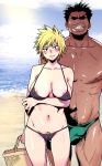  1boy 1girl absurdres areola_slip areolae bakugou_mitsuki beach bikini black_hair blonde_hair blush boku_no_hero_academia breasts bulge cleavage female_pubic_hair highres large_breasts male_swimwear micro_bikini pubic_hair satou_rikidou shiwasu_no_okina short_hair spiked_hair swim_briefs swimsuit swimwear water 