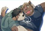  2020 anthro belly blush bottomwear canid canine canis clothing domestic_dog duo hug kemono male mammal overweight overweight_male pants shirt simple_background suid suina sus_(pig) topwear train_(artist) white_background wild_boar 