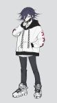  1boy absurdres alternate_costume bangs black_hair black_pants danganronpa full_body grey_background hair_between_eyes hand_in_pocket highres hood long_sleeves looking_at_viewer male_focus mask mask_pull moona_59 mouth_mask new_danganronpa_v3 ouma_kokichi pants purple_eyes shoes simple_background sketch sneakers solo standing white_hoodie 