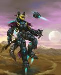  alien anthro armor blonde_hair canid canine canis claws clothed clothing detailed_background female fur gun hair hi_res holding_object holding_weapon hybrid jackal link2004 machine mammal open_mouth ranged_weapon rifle robot solo teeth weapon yellow_body yellow_fur 