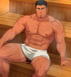  1boy abs arm_hair bar_censor bara bare_chest bulge censored chest chest_hair earrings facial_hair feet_out_of_frame goatee hairy highres jewelry leg_hair male_focus manly muscle naked_towel navel nipples original penis_peek sakuramarusan sauna short_hair sideburns solo sweat thick_thighs thighs towel 