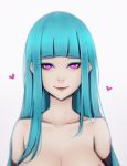  1girl bangs bare_shoulders black_gloves blue_hair blunt_bangs copyright_name elbow_gloves gloves grey_background heart heart-shaped_pupils highres lips liya_nikorov long_hair looking_at_viewer me!me!me! meme_(me!me!me!) mole mole_on_neck purple_eyes smile solo symbol-shaped_pupils 