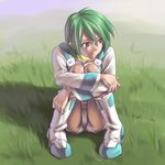  boots eureka eureka_seven eureka_seven_(series) grass green_hair mosha sitting solo white_footwear 