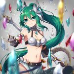  1girl ahoge aqua_eyes arm_guards armor artemis_(p&amp;d) bare_shoulders belt bikini_armor blurry blush breasts cleavage closed_mouth collarbone constellation cowboy_shot earrings elbow_gloves fingerless_gloves floating floating_object gem gloves gradient gradient_background green_hair grey_eyes grey_gloves grey_skirt hair_ornament head_tilt high_ponytail highres holding holding_weapon jewelry kozakura_(dictionary) long_hair looking_at_viewer medium_breasts navel outstretched_arm pelvic_curtain puzzle_&amp;_dragons sidelocks skirt smile solo stomach very_long_hair water_drop weapon wrist_guards 