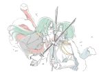  2girls aqua_hair bang_dream! blocking blue_jacket bowwow_(hamju94) cosplay cosplay_request epaulettes eyes_closed face-to-face from_side frown green_eyes green_hair grey_shirt hikawa_hina hikawa_sayo holding holding_sword holding_weapon jacket jacket_on_shoulders long_hair military military_uniform multiple_girls open_mouth red_eyes sash shirt short_hair shoujo_kageki_revue_starlight siblings side_braids sisters smile sword twins uniform upper_body weapon weapon_request white_background white_shirt 